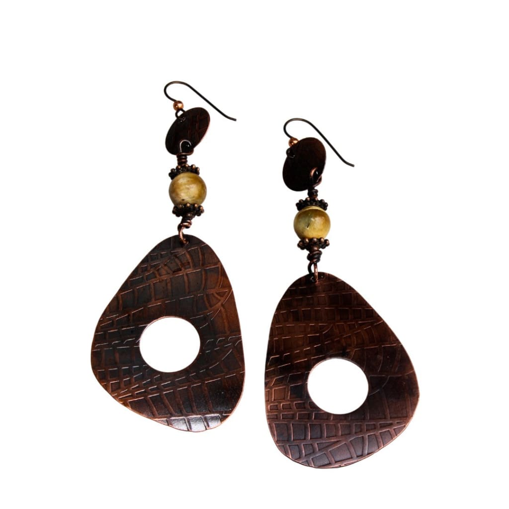 Etched Copper Long Dangle Earrings with Yellow Tiger’s Eye Earrings