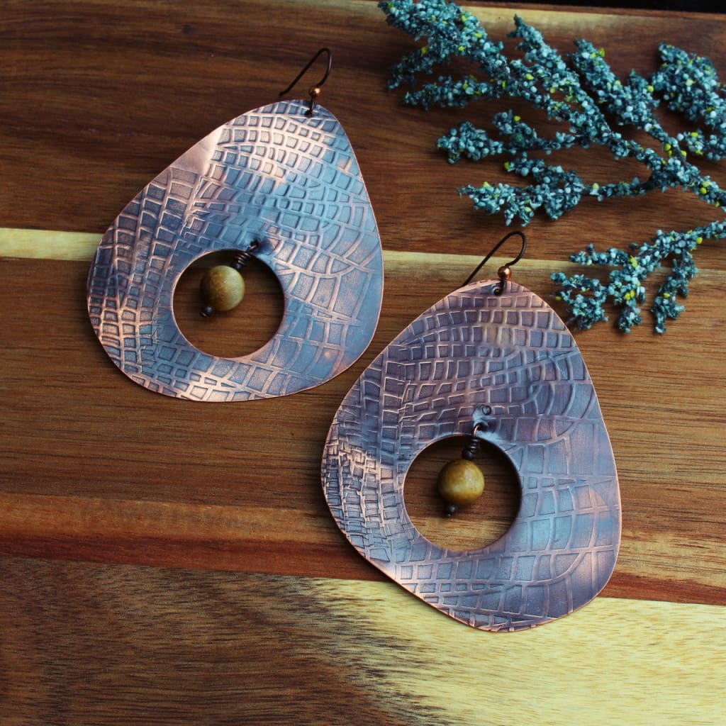 Etched Copper Statement Earrings with Yellow Tiger’s Eye Earrings
