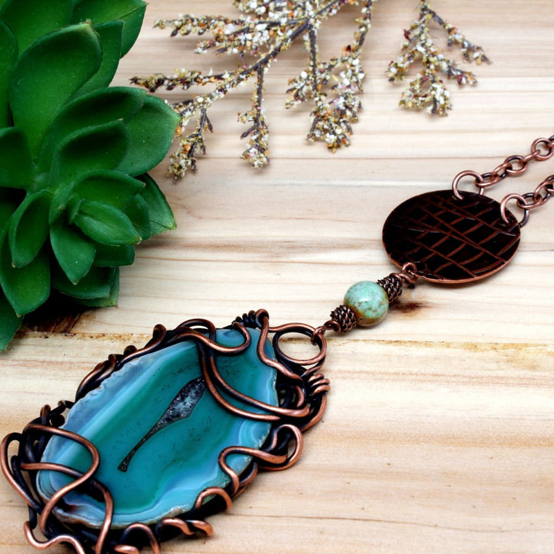 Teal Brazilian Agate and Copper Wire Pendant Necklace