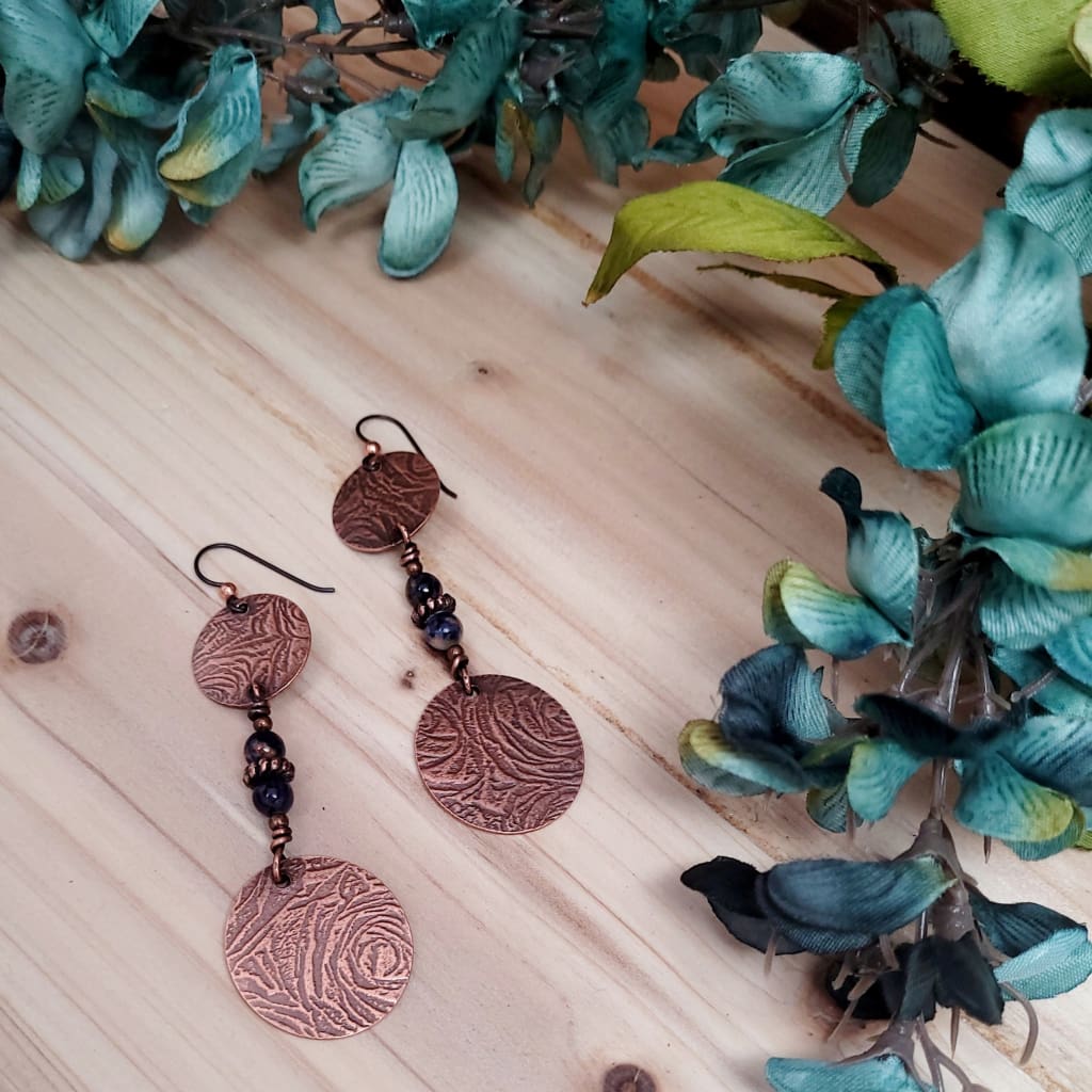 Bohemian Etched Copper Dangle Earrings with Sodalite Accents Earrings