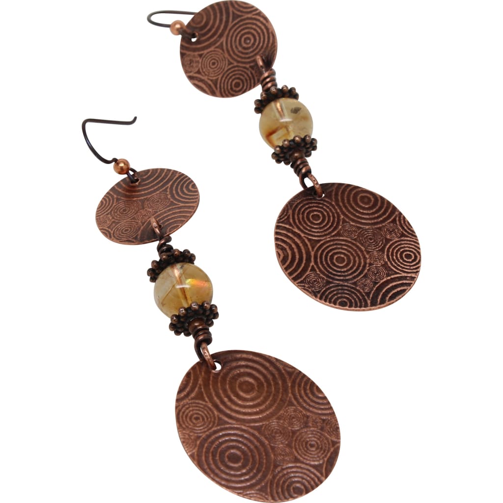 Bohemian Etched Copper Dangle Earrings with Citrine Accents Earrings