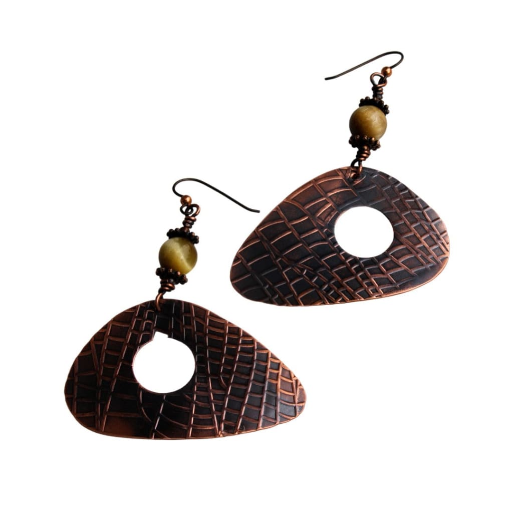 Etched Copper Axe Statement Earrings with Yellow Tigers Eye Earrings