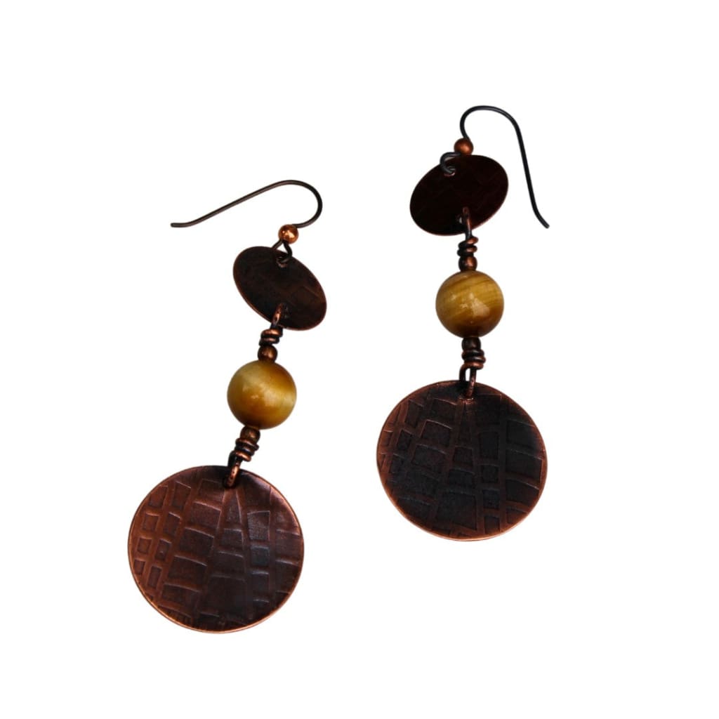 Etched Copper Double Disc Earrings with Yellow Tiger’s Eye Earrings