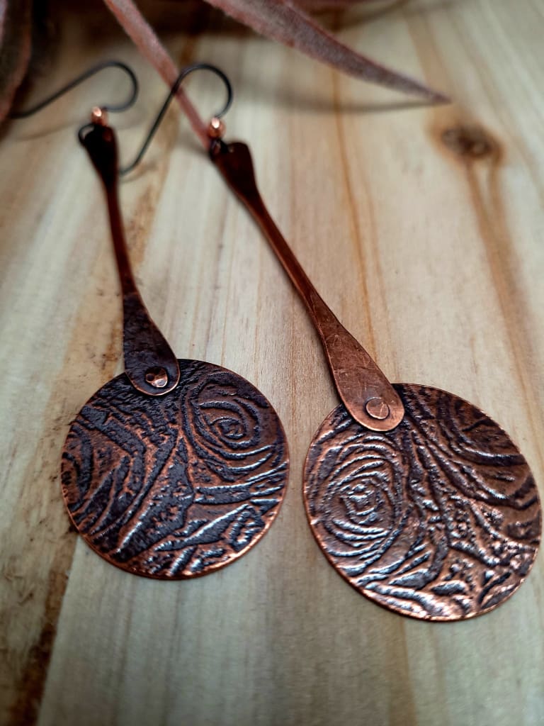 Etched Copper Long Dangle Disc Earring by Junebug Jewelry Designs