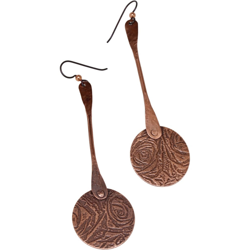 Etched Copper Long Dangle Disc Earring by Junebug Jewelry Designs