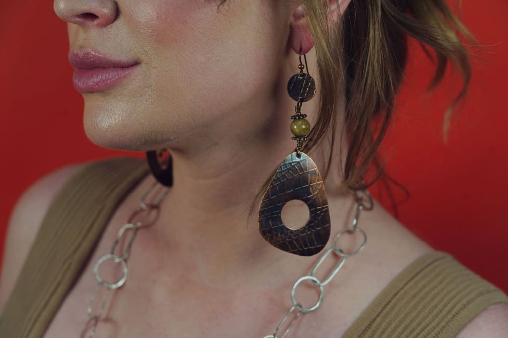 Etched Copper Long Dangle Earrings with Yellow Tiger’s Eye Earrings