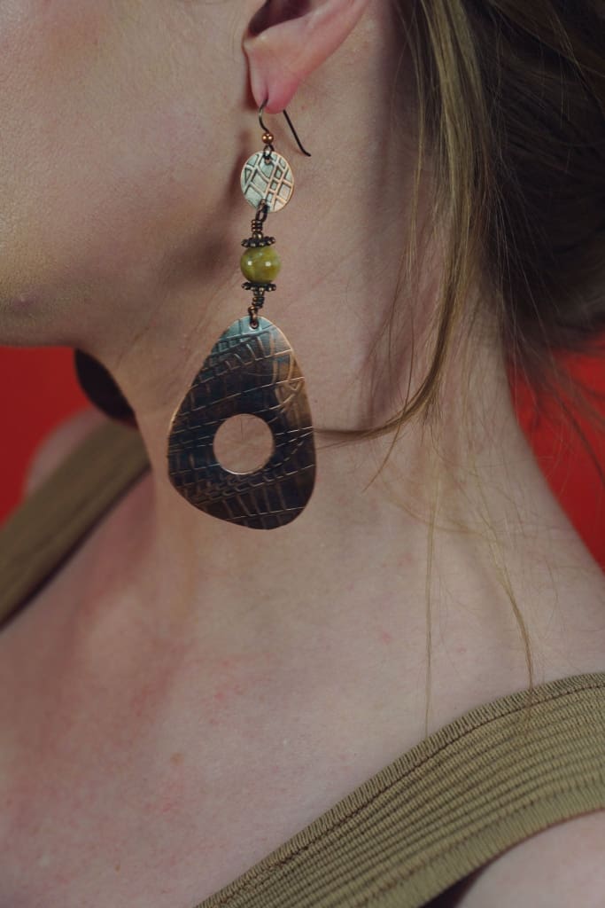 Etched Copper Long Dangle Earrings with Yellow Tiger’s Eye Earrings