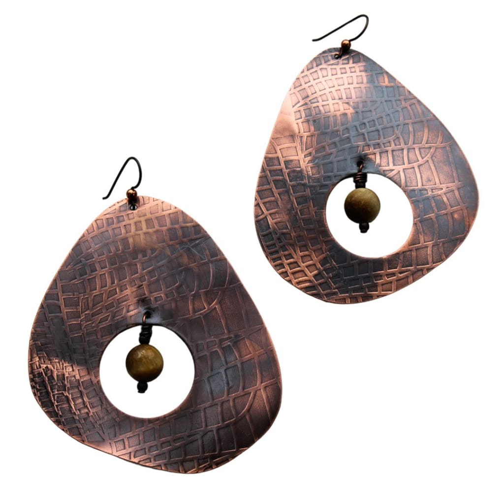 Etched Copper Statement Earrings with Yellow Tiger’s Eye Earrings