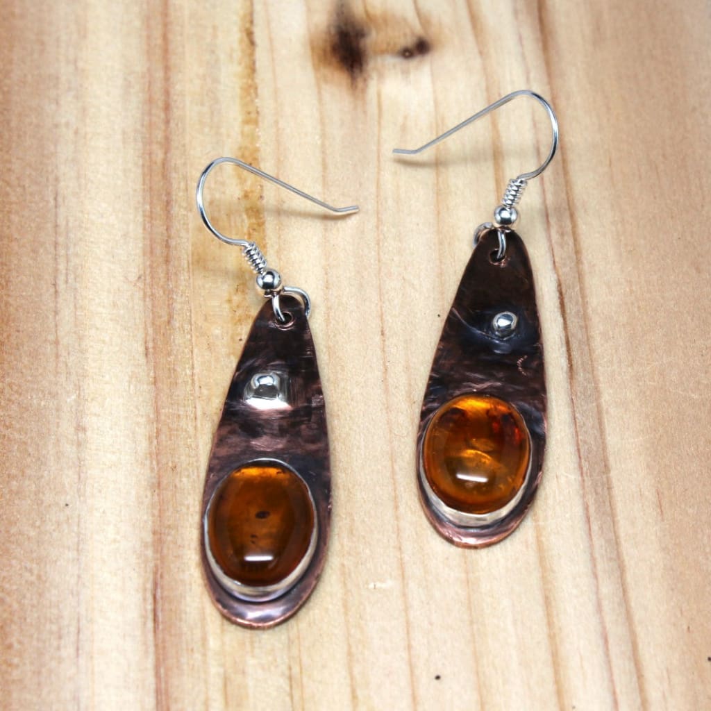 Mixed Metal Copper and Argentium Teardrop Earrings with Amber Accents Earrings