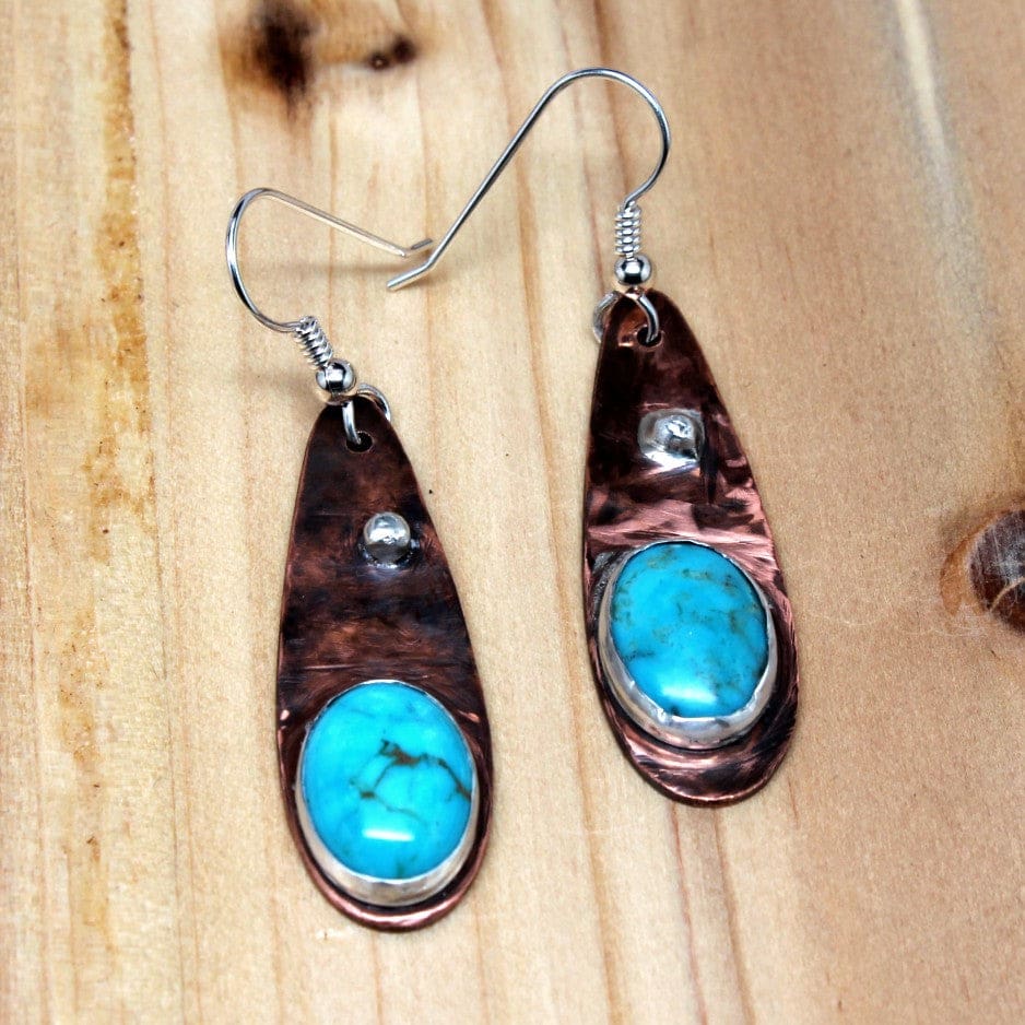 Mixed Metal Copper and Argentium Teardrop Earrings with Turquoise Accents Earrings