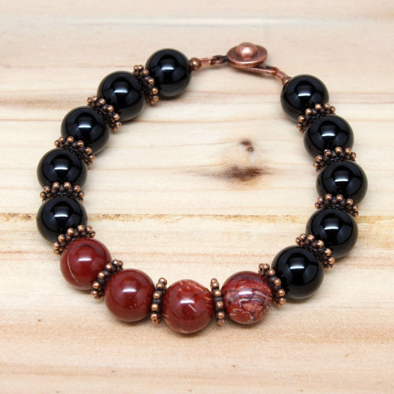 Onyx and Red Snakeskin Jasper ’Protected’ Gemstone Beaded Bracelet Bracelets