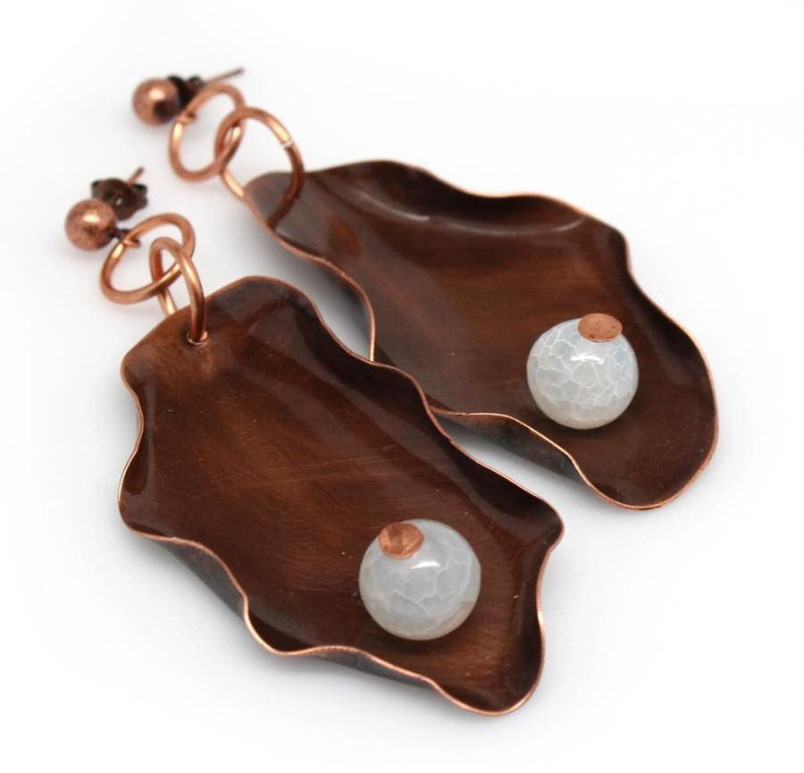 Ruffled Copper And Frosted Agate Dangle Earrings Earrings
