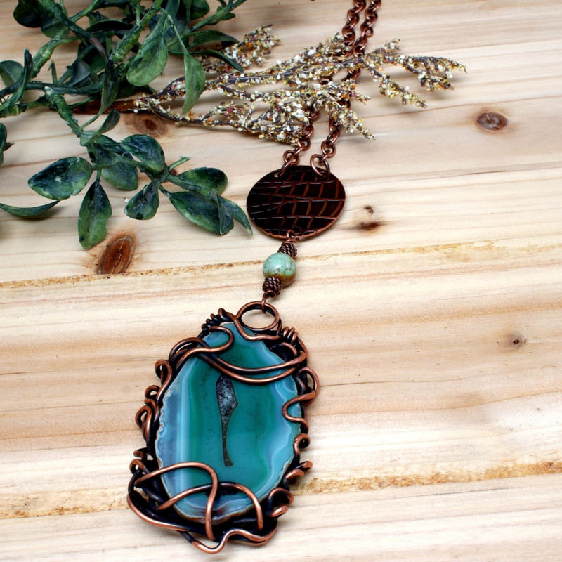 Teal Brazilian Agate and Copper Wire Pendant Necklace