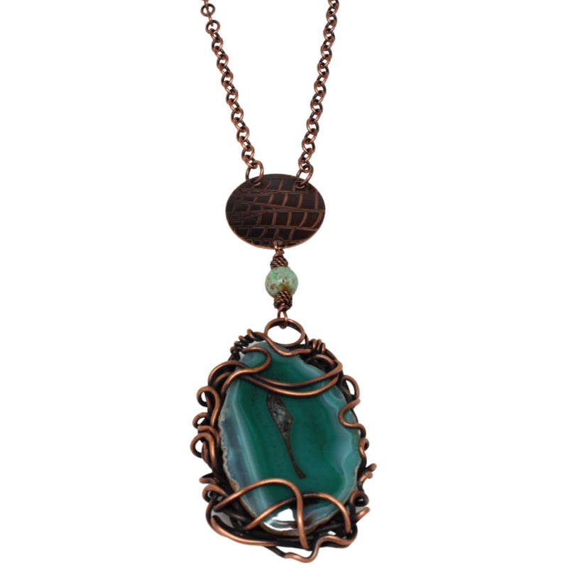 Teal Brazilian Agate and Copper Wire Pendant Necklace Necklaces