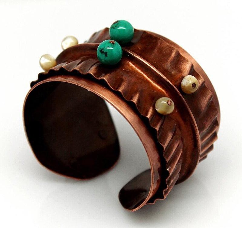 Turquoise And Pearl Beaded Copper Cuff Bracelet Bracelets
