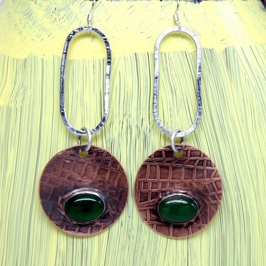 Copper Argentium Silver and Jade Gemstone Long Dangle Earrings Earrings