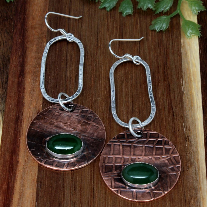 Copper Argentium Silver and Jade Gemstone Long Dangle Earrings Earrings