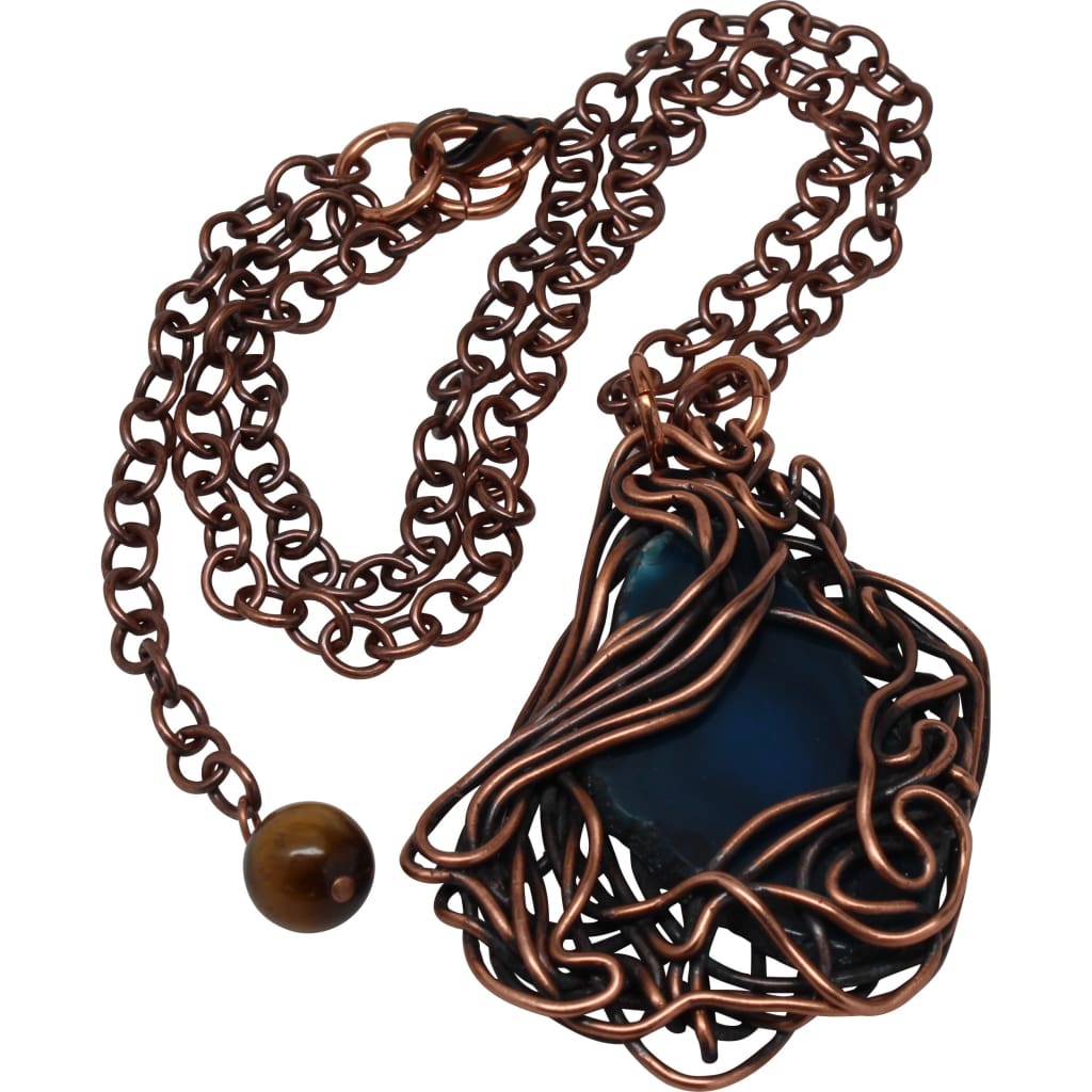 Copper Wrapped Blue Brazilian Agate Pendant Necklace
