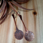 Etched Copper Long Dangle Disc Earring by Junebug Jewelry Designs