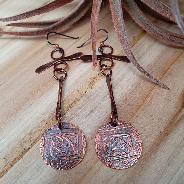 Etched Copper T-Bar Dangle Earrings by Junebug Jewelry Designs