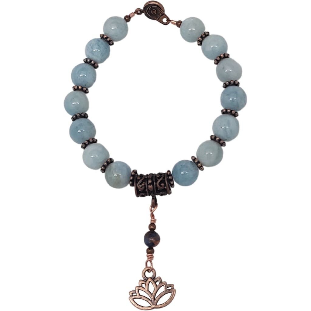 March Birthstone Bracelet - Aquamarine with Copper Lotus Flower Charm