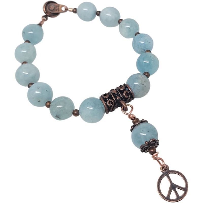 March Birthstone Bracelet - Aquamarine with Copper Peace Charm Bracelets